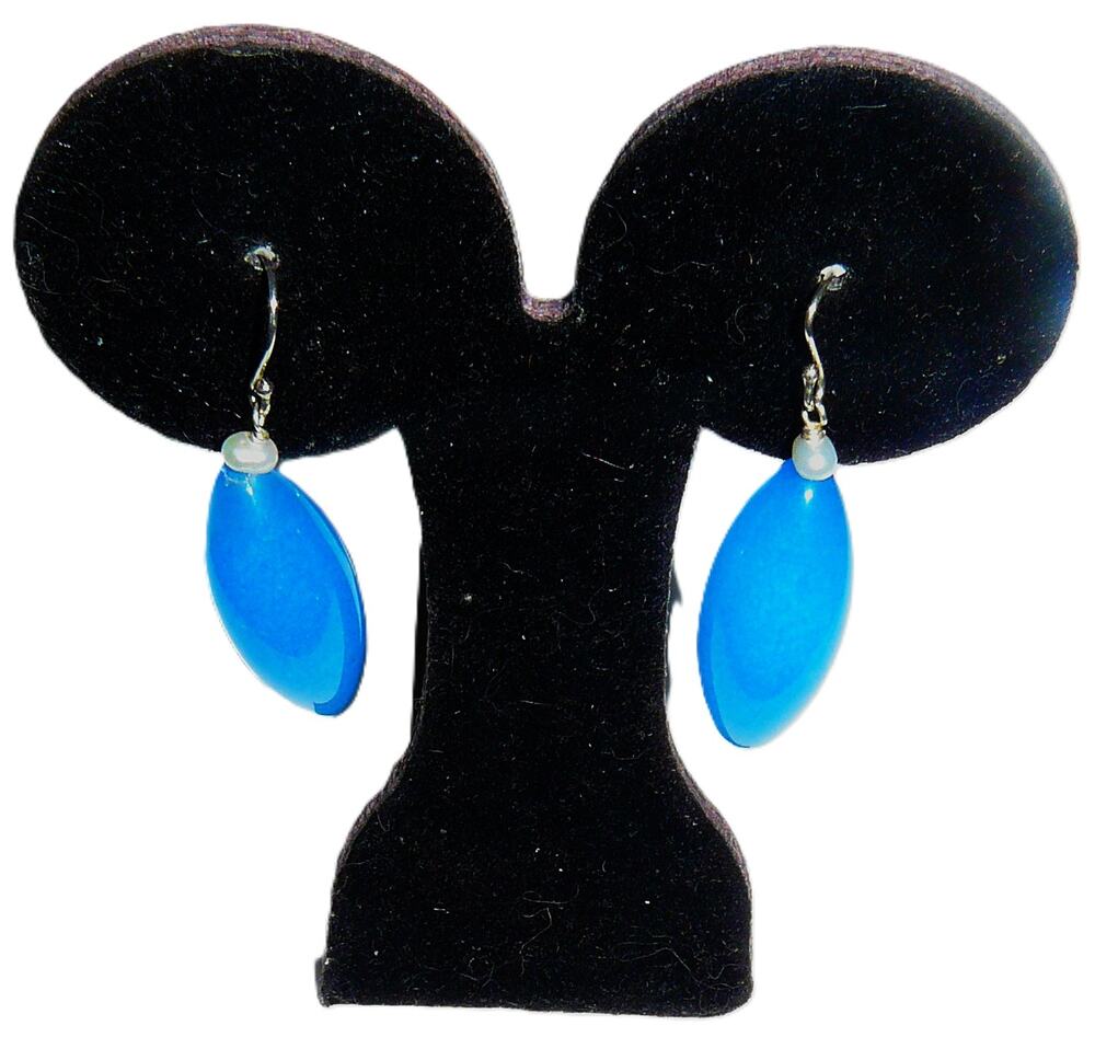Vtg Blue Stone Oval Drop 925 Hook Earrings Hook 2" Long Fresh Water Pearl Accts